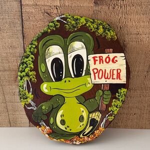 Vintage Kitschy Hand-Painted Frog Folk Art on Wood~Signed Daco “Frog Power”